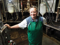 Foto: Eine Person in einem grünen Schürze steht in einer Molkerei. Im Hintergrund sind Milchtanks und Schläuche sichtbar. Die Person hält sich an einem Steuerpult fest.